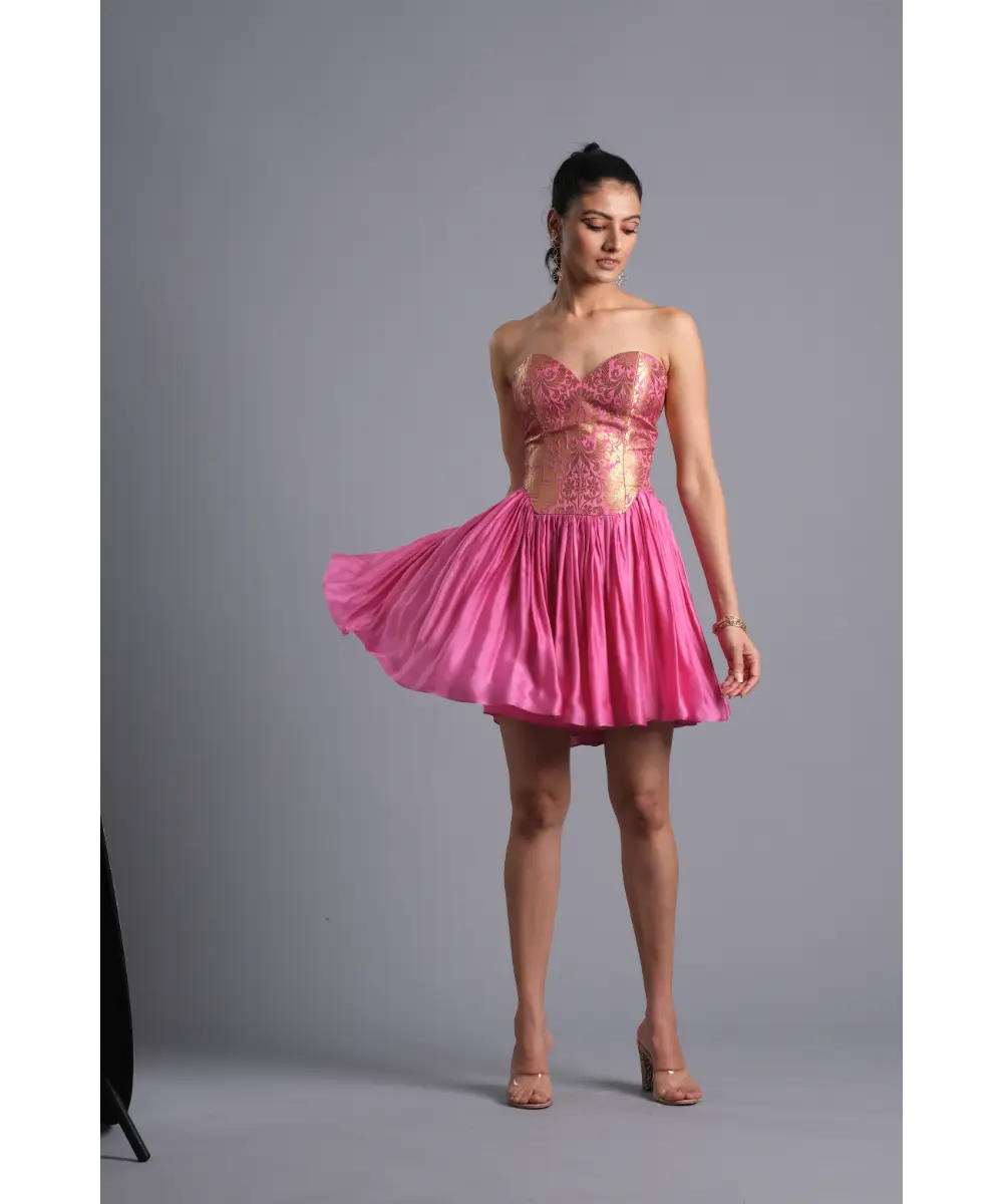 AASTHA SOOD - Bubblegum pink Brocade Corset Dress